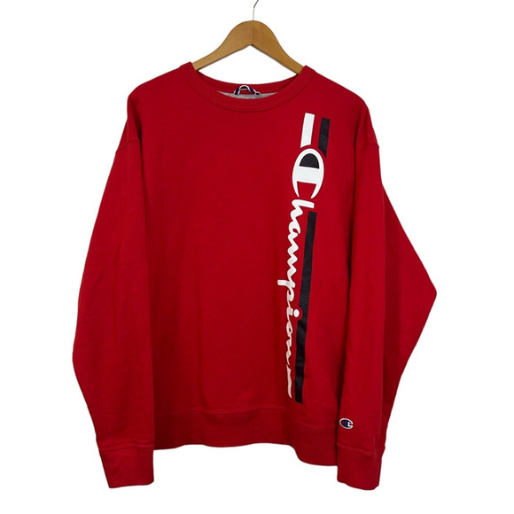 Champion Mens XL Red Sweatshirt Large Horizontal Spellout Logo Pullover - Picture 1 of 4
